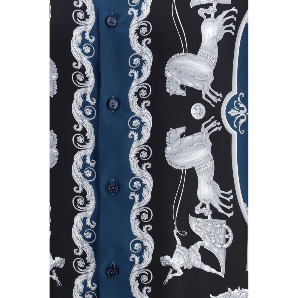Versace Men's Regular Fit Long-Sleeve Silk Twill Shirt - Blue Patterned Print