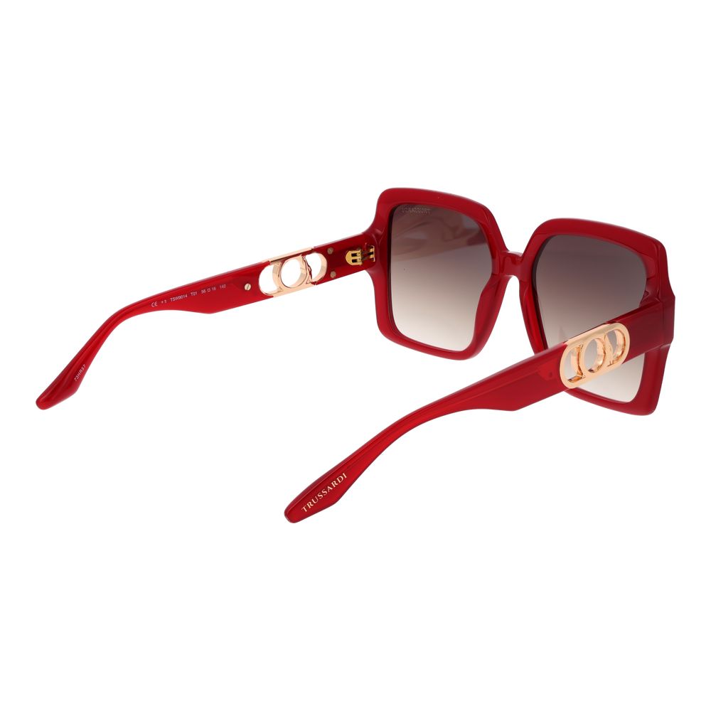 Sunglasses by Trussardi for women in acetate multicolor features an ethereal full-rim square frame design with red coloured frame frames and gradient category-3-dark-tint lens for a ethereal finish.