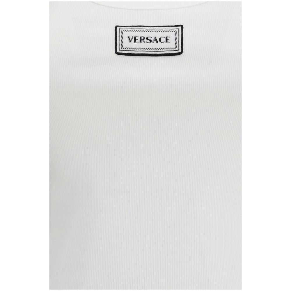 Versace Women's Slim Sleeveless Stretch Cotton Activewear T-Shirt - White Jacquard Signature