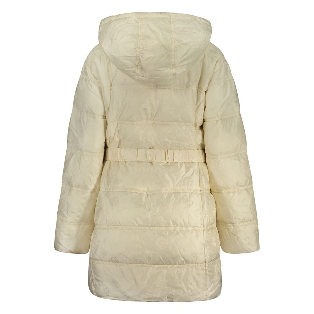Hooded Overcoat by Guess Jeans for women in polyamide beige & signature features a contemporary silhouette showcasing a contemporary and refined pockets & hooded for a sophisticated finish.