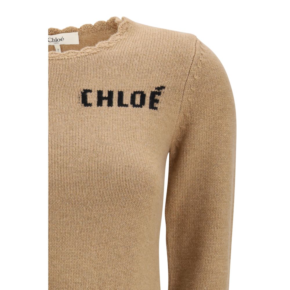 Chloé Women's Straight Regular Fit Crew Neck Cashmere Wool Sweatshirt - Brown Gray Signature