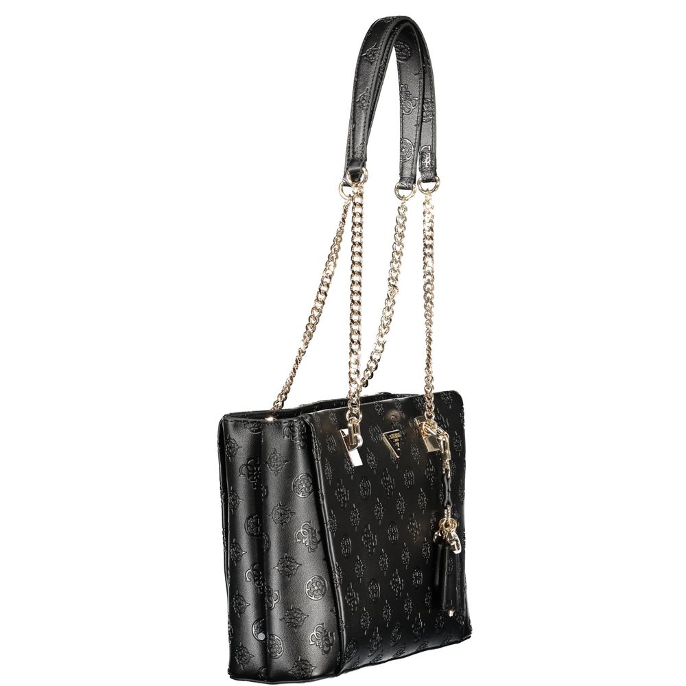 Handbag by Guess Jeans for women in polyurethane black features a ornamental silhouette, showcasing a secure zipper, ample , and ornamental detachable-strap & handle for a sophisticated look.