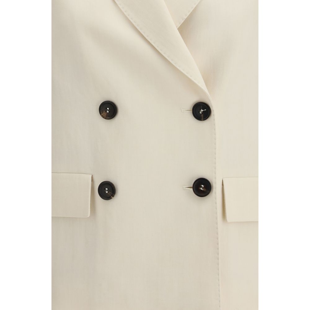 Brunello Cucinelli Monile Women's Crop Top Lightweight Double Breasted Linen Silk Viscose Twill Blazer - Cream Horn Signature