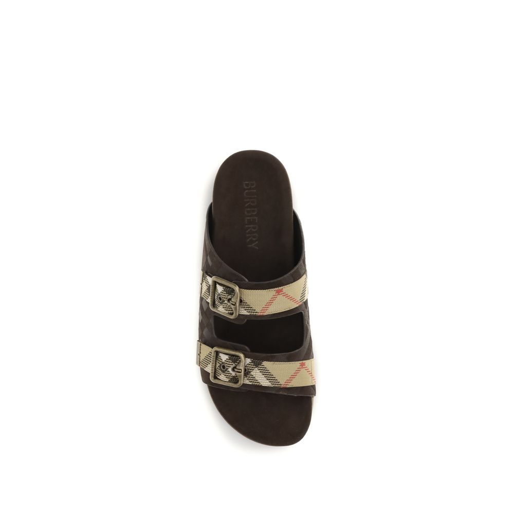 Burberry Men's Bos Taurus Calf Suede Leather Flat Sandals - Brown Patterned Jacquard