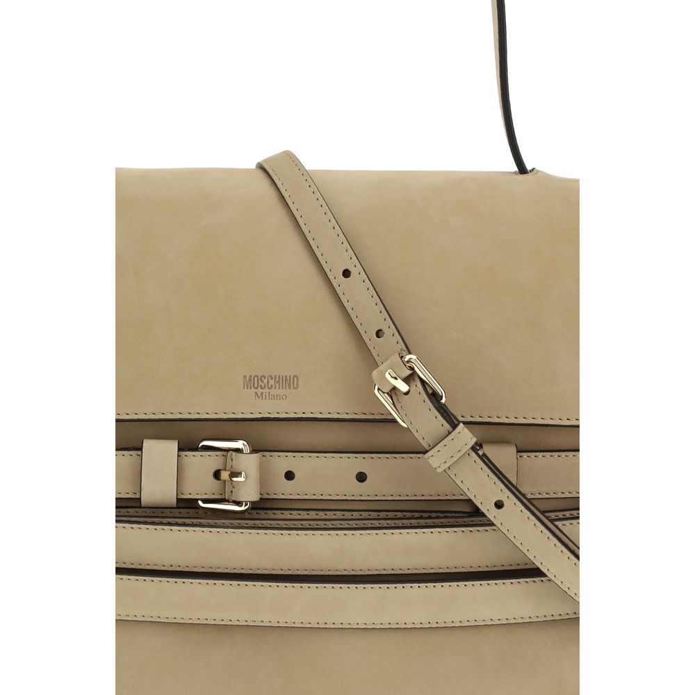 Flap Handbag by Moschino for women in bos taurus calf nubuck leather beige features an refined silhouette, showcasing a secure flap & magnetic, ample , and versatile detachable-strap, belt-strap & handle for a sophisticated refined aesthetic.