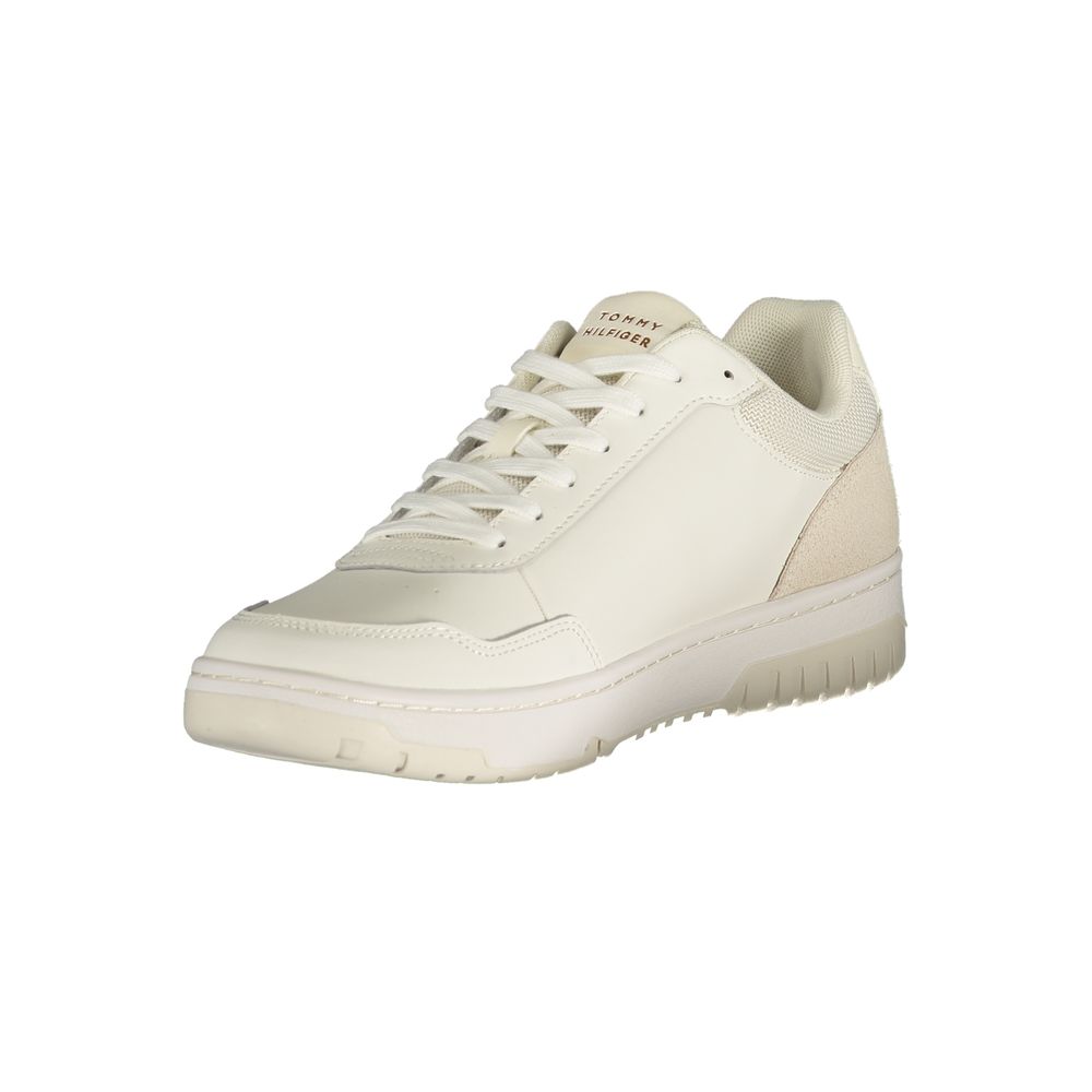 Athletic Sneakers by Tommy Hilfiger for men in polyester polyurethane leather white features an architectural silhouette, showcasing the premium athletic style of the Men's Athletic Polyester Polyurethane Leather Sneakers with an architectural finish.