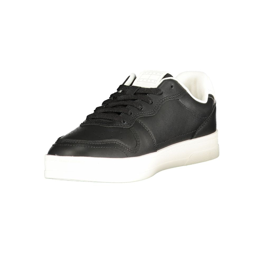 Athletic Sneakers by Tommy Hilfiger for women in polyester polyurethane leather black & white features an architectural silhouette, showcasing the premium athletic style of the Women's Athletic Polyester Polyurethane Leather Sneakers with an architectural finish.