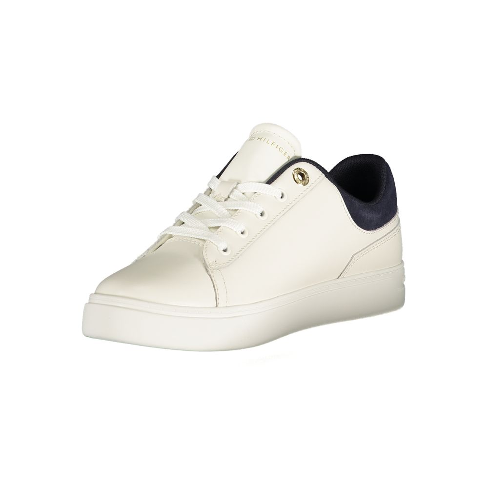 Athletic Sneakers by Tommy Hilfiger for women in polyester polyurethane leather blue, white & print showcases a architectural silhouette, artfully capturing the essence of the Crisp Women's Athletic Polyester Polyurethane Leather Sneakers with its signature architectural athletic style construction.