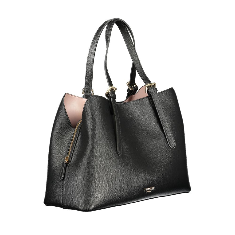 Tote Handbag by Twinset for women in polyurethane black & signature features a signature silhouette, showcasing a secure snap & zipper and signature built-in-compartments with versatile adjustable-strap & handle for a sophisticated look.
