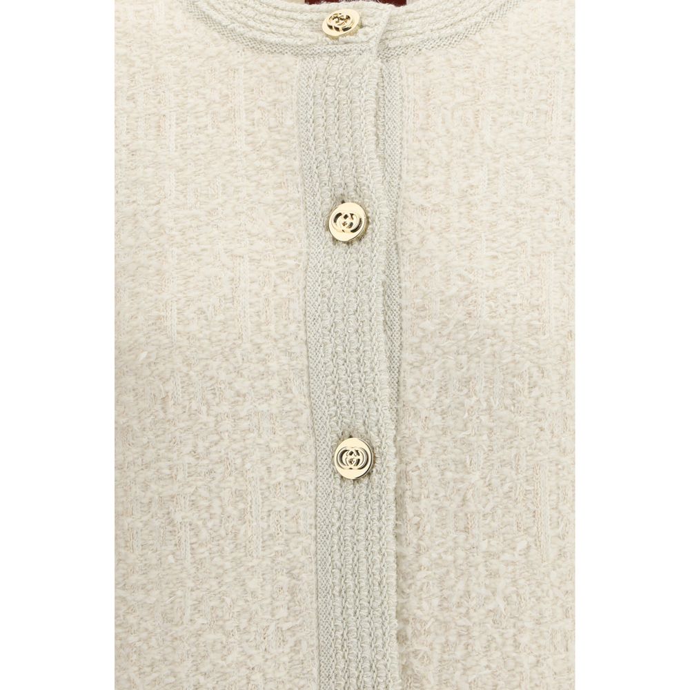 Cardigan by Gucci for women in polyamide & cotton beige & signature features a dramatic silhouette, showcasing a sophisticated and dramatic detail for a timeless, premium look.