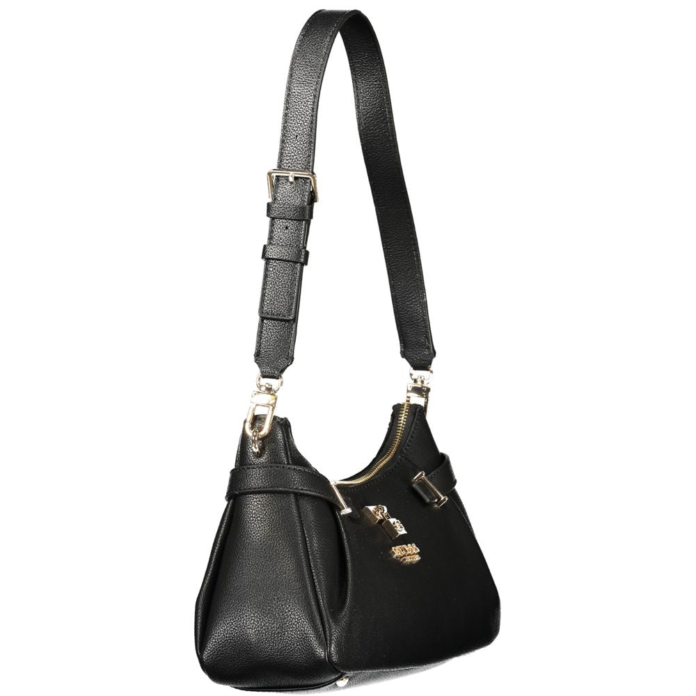 Handbag by Guess Jeans for women in polyurethane black features a ornamental silhouette, showcasing a secure zipper, ample external-pockets & internal-pockets, and ornamental handle for a sophisticated look.