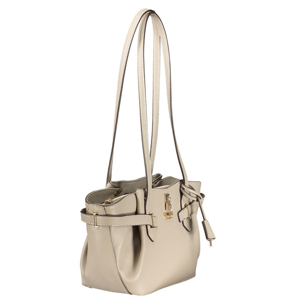 Handbag by Guess Jeans for women in polyurethane beige, signature & print features an refined silhouette, showcasing a secure snap & zipper, ample external-pockets & internal-pockets, and versatile handle for a sophisticated refined aesthetic.