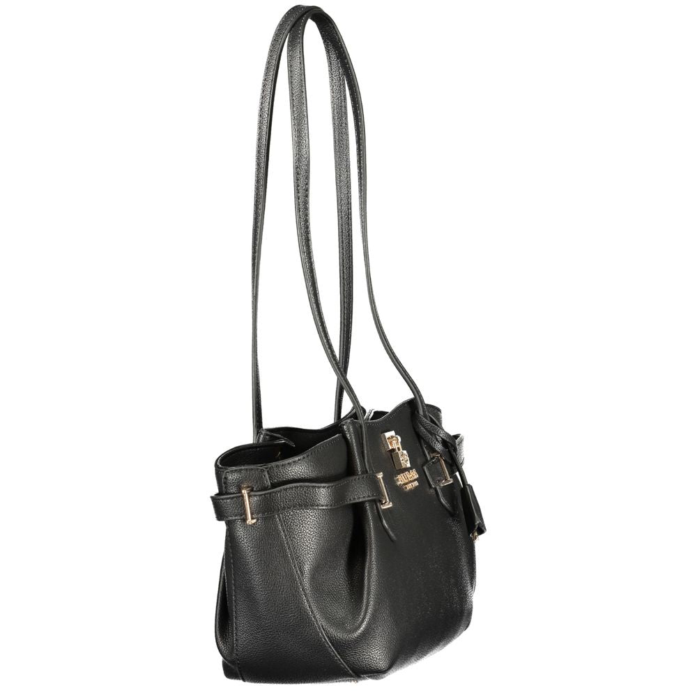 Handbag by Guess Jeans for women in polyurethane black features an refined silhouette, showcasing a secure snap & zipper, ample external-pockets & internal-pockets, and versatile handle for a sophisticated refined aesthetic.