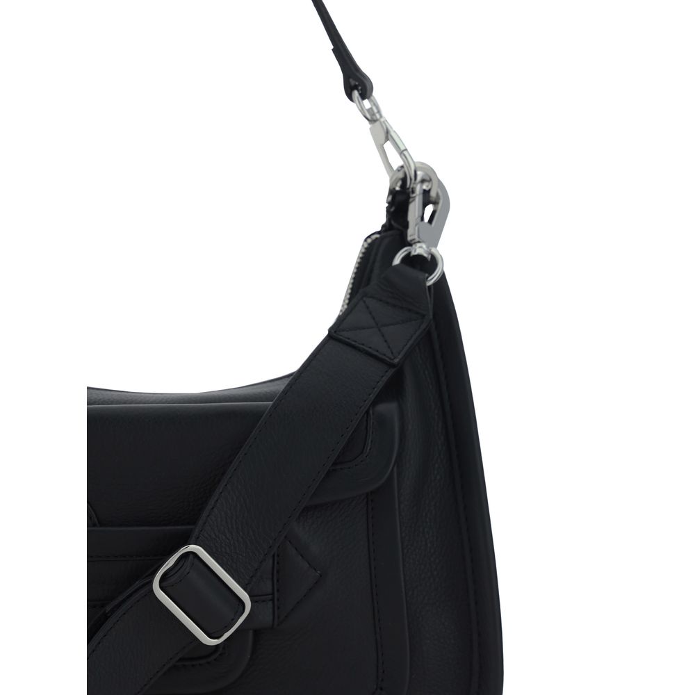 Shoulder Flap Bag by Pierre Hardy for women in bos taurus calfskin leather black showcases a statuesque silhouette, artfully detailed with a secure flap, magnetic & button, organized external-pockets, and versatile shoulder-strap, handle & adjustable-strap for a statuesque look.