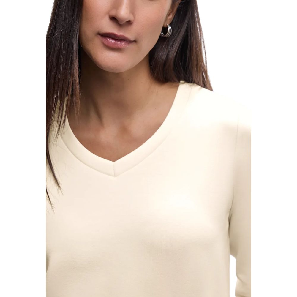 Street One Women's V-Neck &Crew-Neck Stretch Lycra Modal & Silk Activewear Sweatshirt - Beige