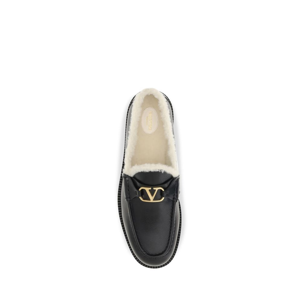 Valentino Garavani V Logo Women's Bost Taurus Calf Leather & Fur Flat Loafer Slip-On Shoes - Black