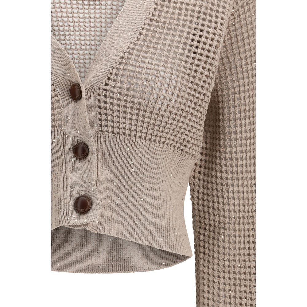 Brunello Cucinelli Women's Regular Fit V Neck Polyester Cotton & Sequins Cardigan - Beige