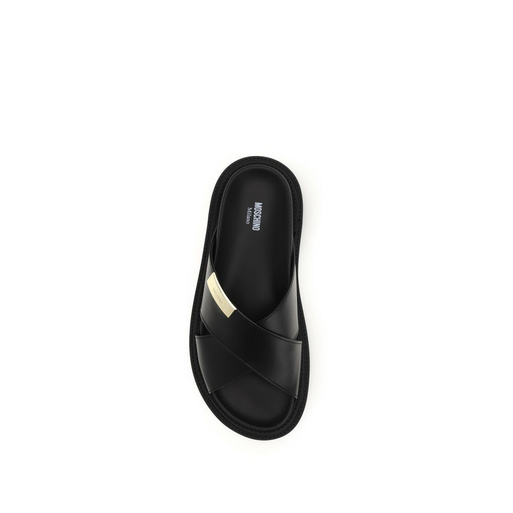 Moschino Men's Bos Taurus Calf Leather Flat Sandals - Black Gold Signature Print