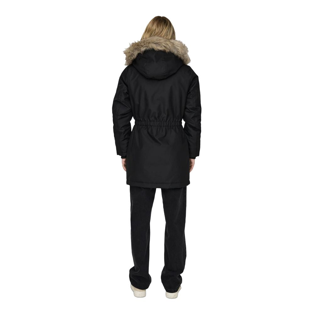 Only Women's Polyester Fur Hooded Parka - Black