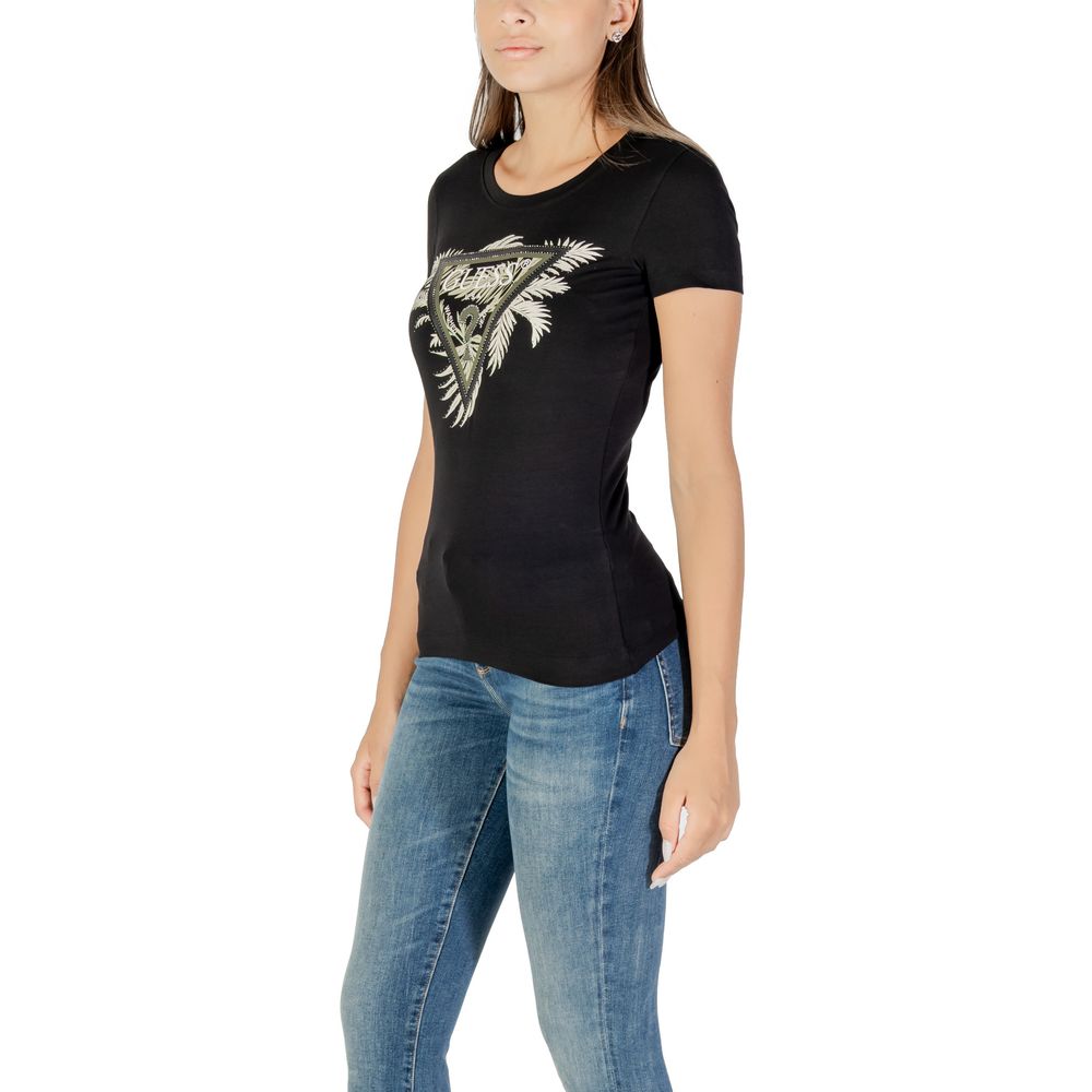 T-Shirt by Guess for women in stretch cotton black showcases a dramatic silhouette, elegantly detailed with a dramatic and for a truly dramatic finish.