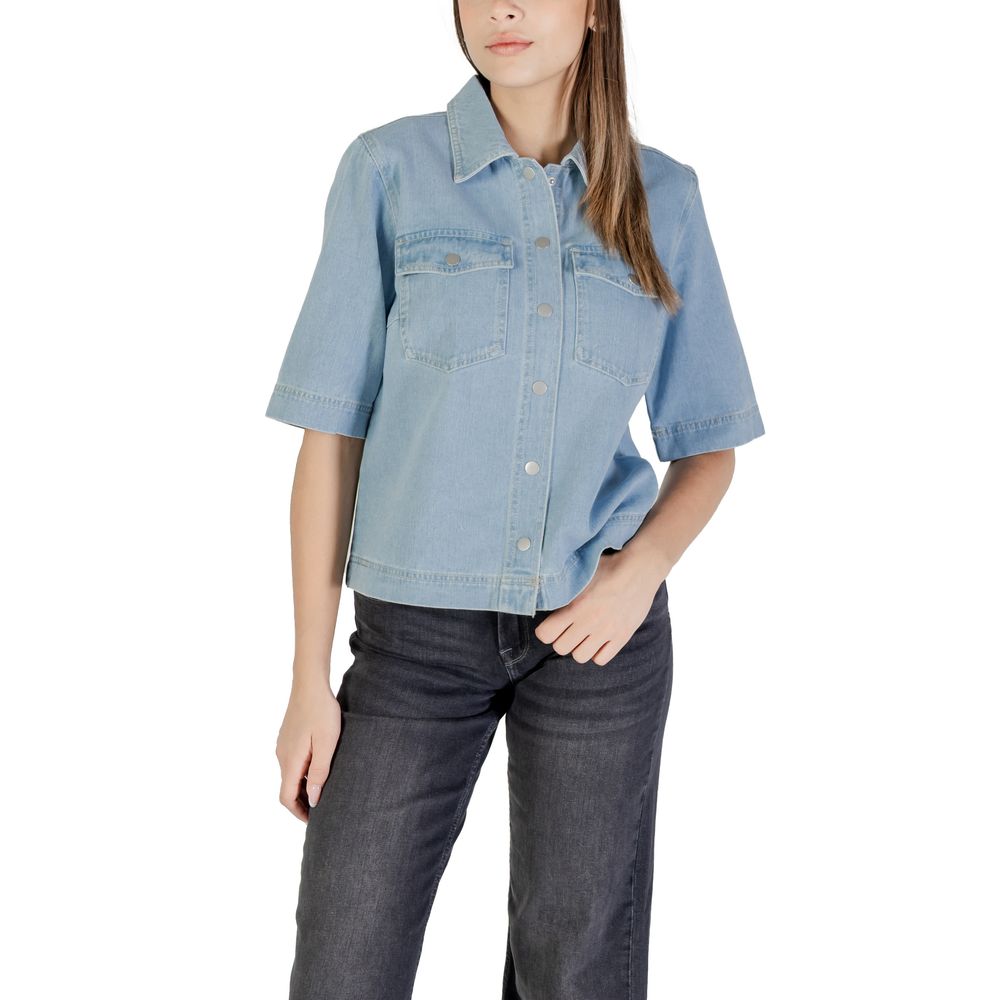 Only Women's Short-Sleeve Cotton Shirt - Light Blue
