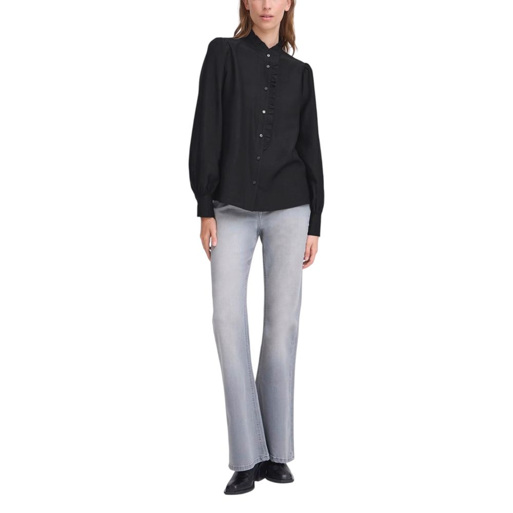 ICHI Women's Long-Sleeve Mandarin-Neck Polyester & Viscose Shirt - Black