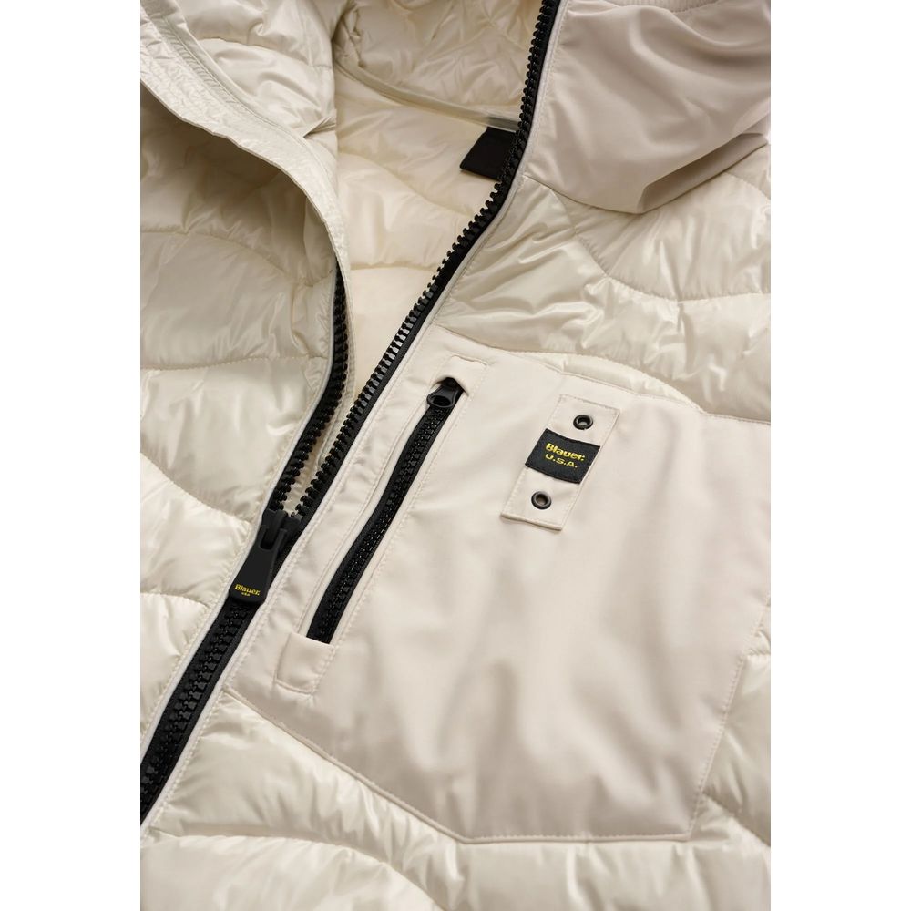 Hooded Windbreaker Jacket by Blauer for men in polyamide & polyester white showcases a modern silhouette, integrating pockets, hooded & windproof and a modern for a sophisticated finish.