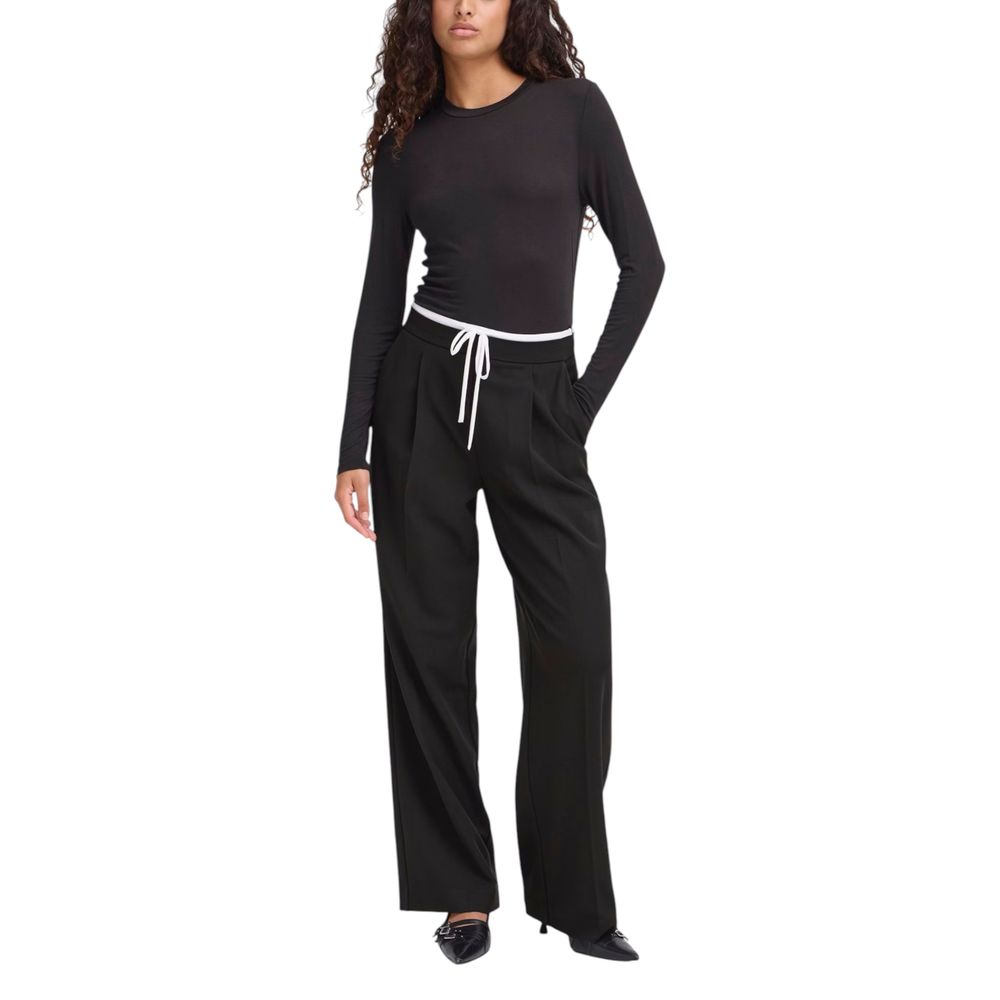 ICHI Women's Wide Stretch Viscose Palazzo Pants - Black