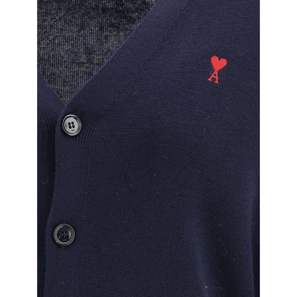 Ami Paris Men's Regular Fit Wool Cardigan - Blue Jacquard