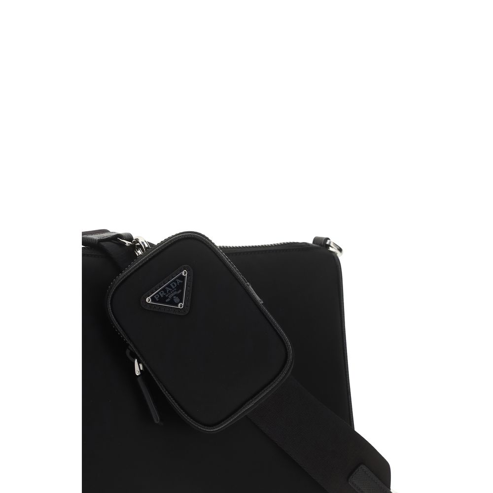 Prada Bos Taurus Calf Nubuck Leather & Nylon Shoulder Pouch Bag - Black Signature