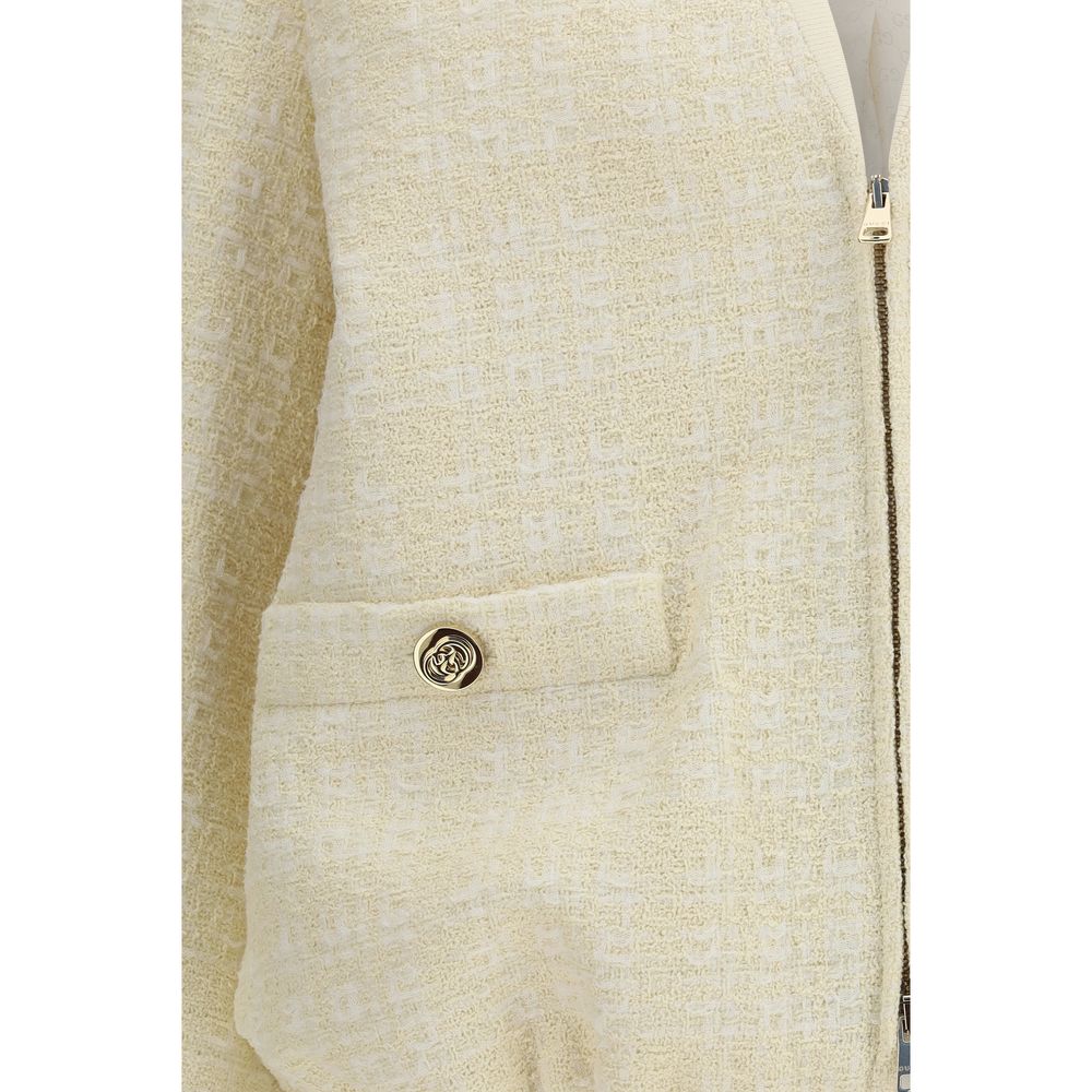 Gucci Gg Women's V Neck Cotton Nylon Tweed & Wool Windbreaker Jacket - Beige Signature