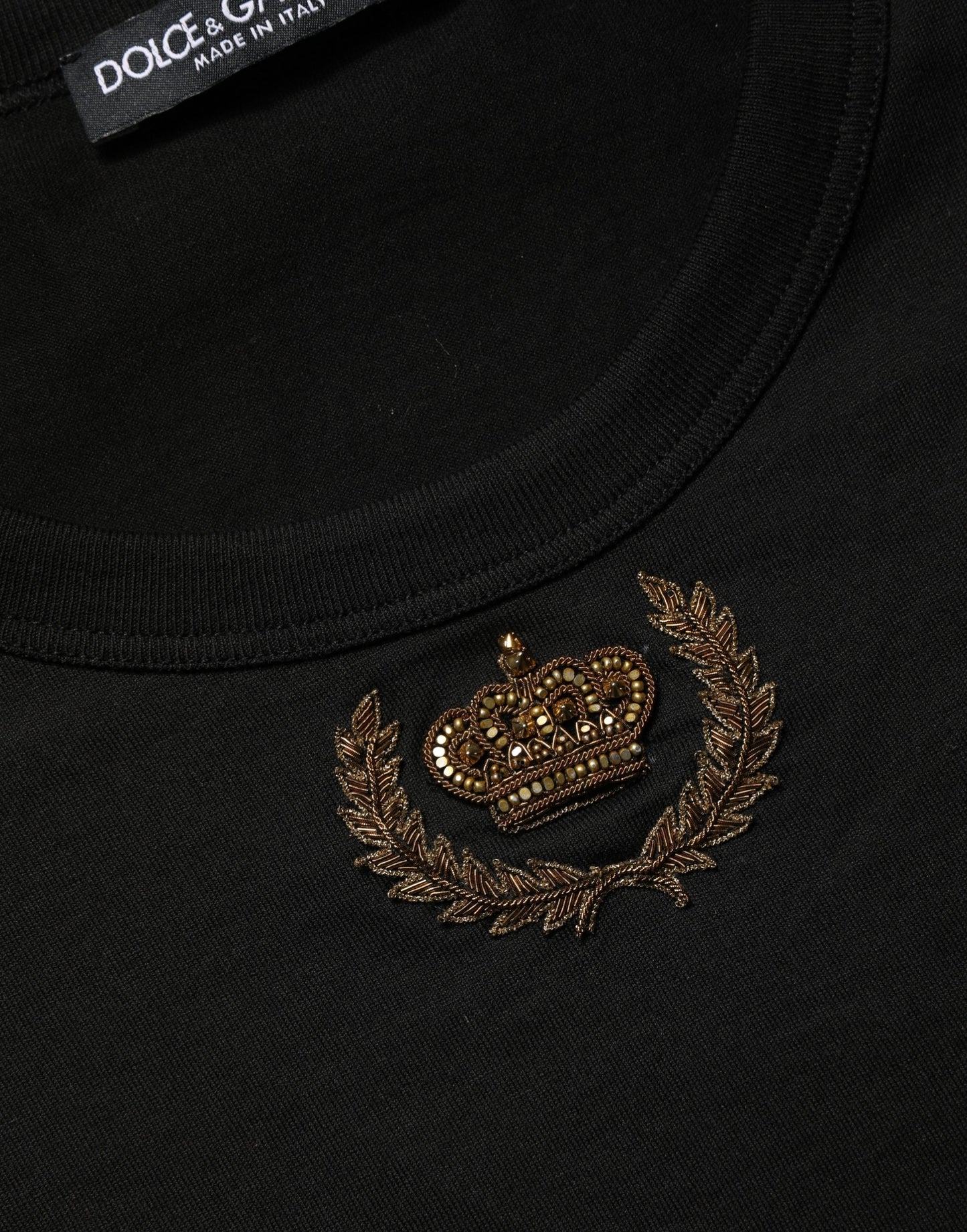 Dolce & Gabbana Black Crown Embroidery Men Crew Neck T-shirt