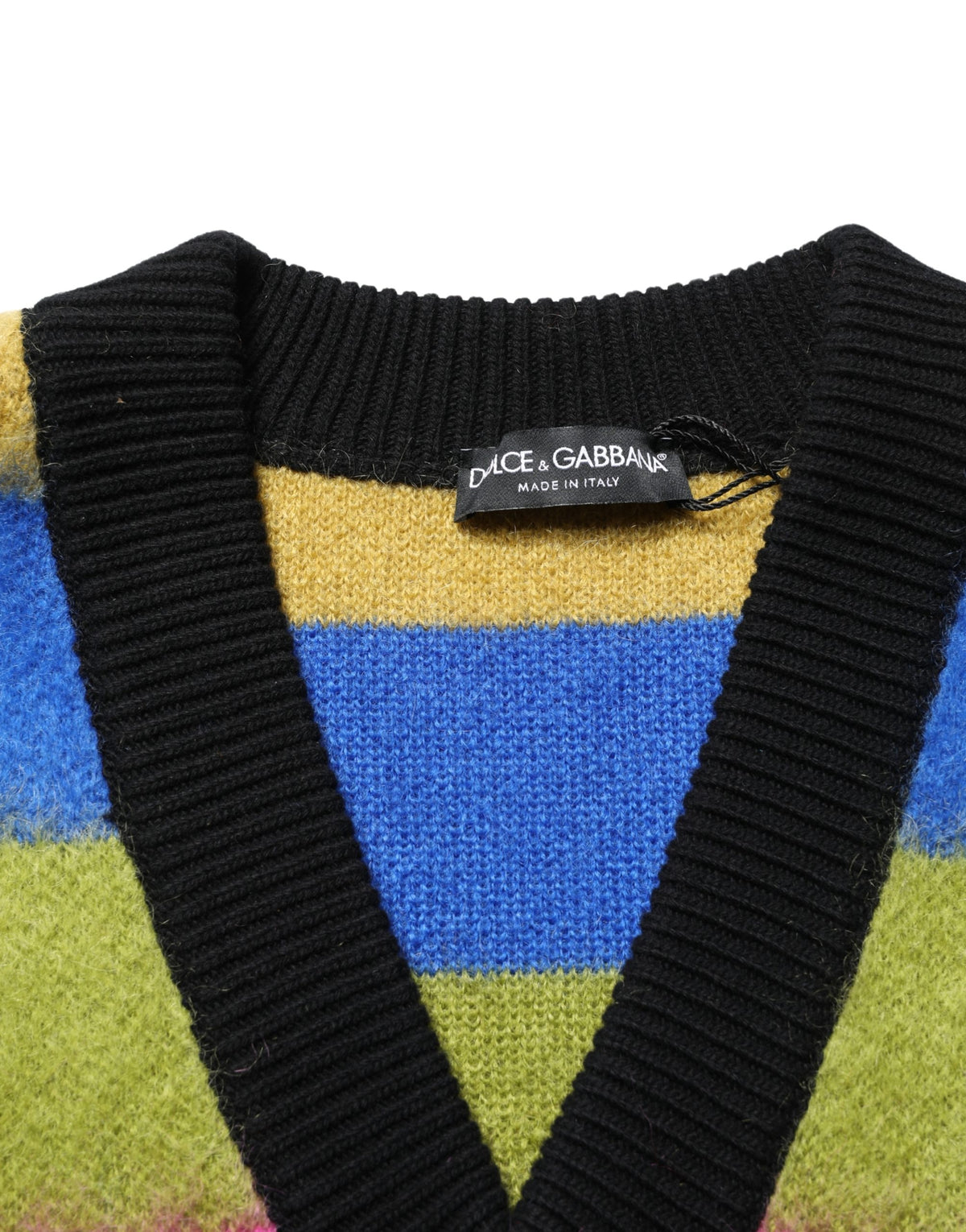 Dolce & Gabbana Women's V Neck Mohair Cashmere & Alpaca Virgin Wool Sweatshirt - Multicolor Signature Striped