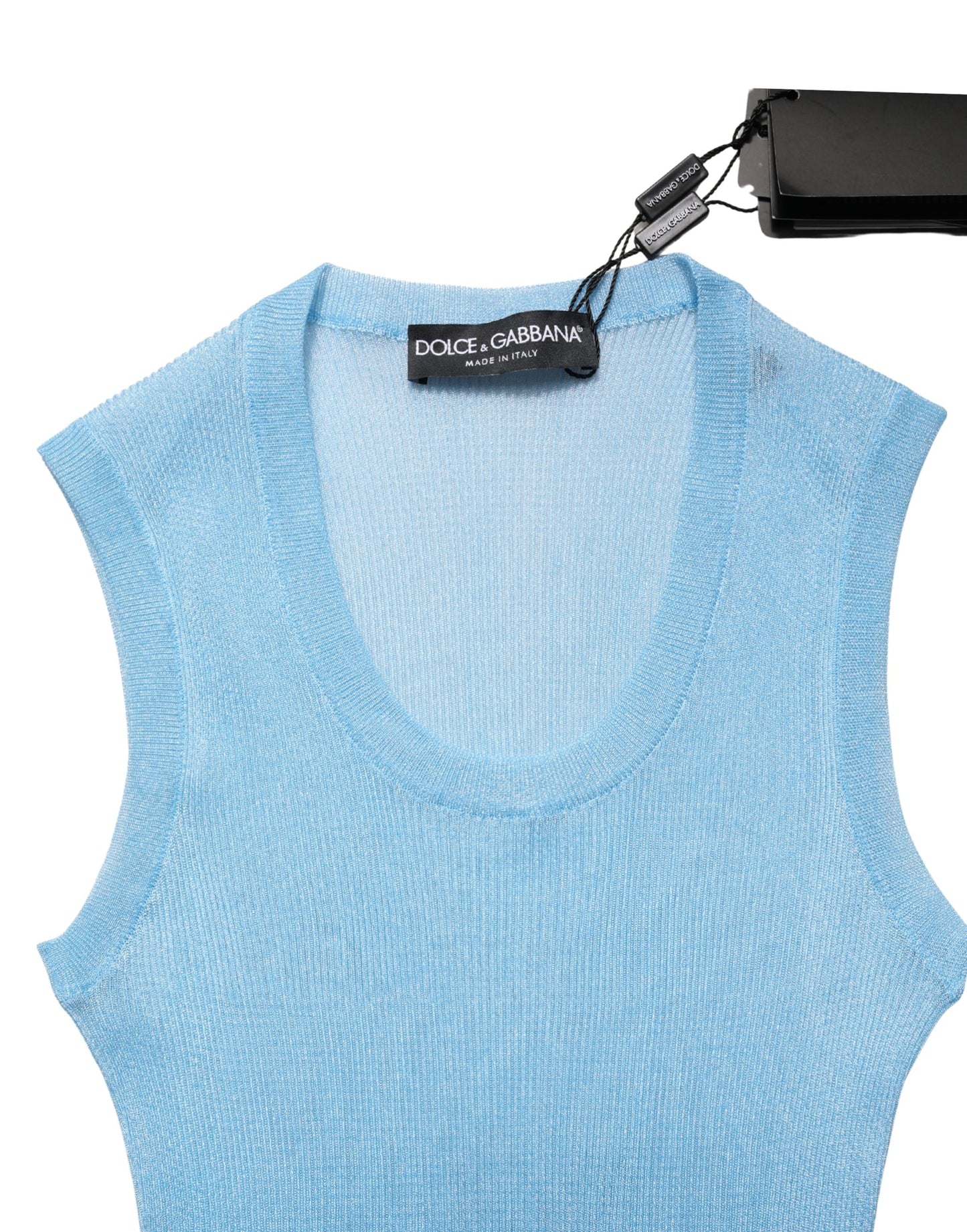 Dolce & Gabbana Blue Semi Sheer Ribbed Sleeveless Tank Top