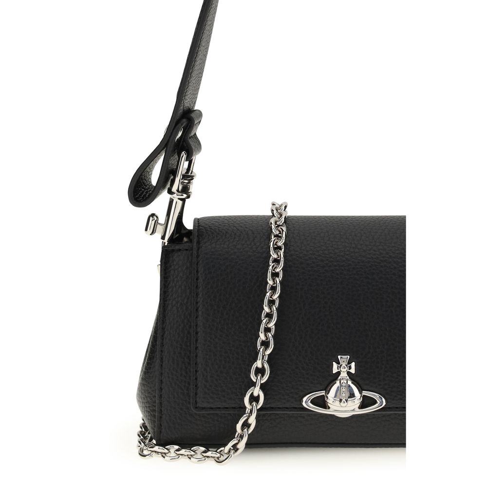 2-in-1 Shoulder & Crossbody Flap Bag by Vivienne Westwood for women in polyester polyurethane suede leather black & silver features an effortlessly chic silhouette with a secure flap, ample , and versatile crossbody-strap, shoulder-strap & handle for effortlessly chic everyday luxury.