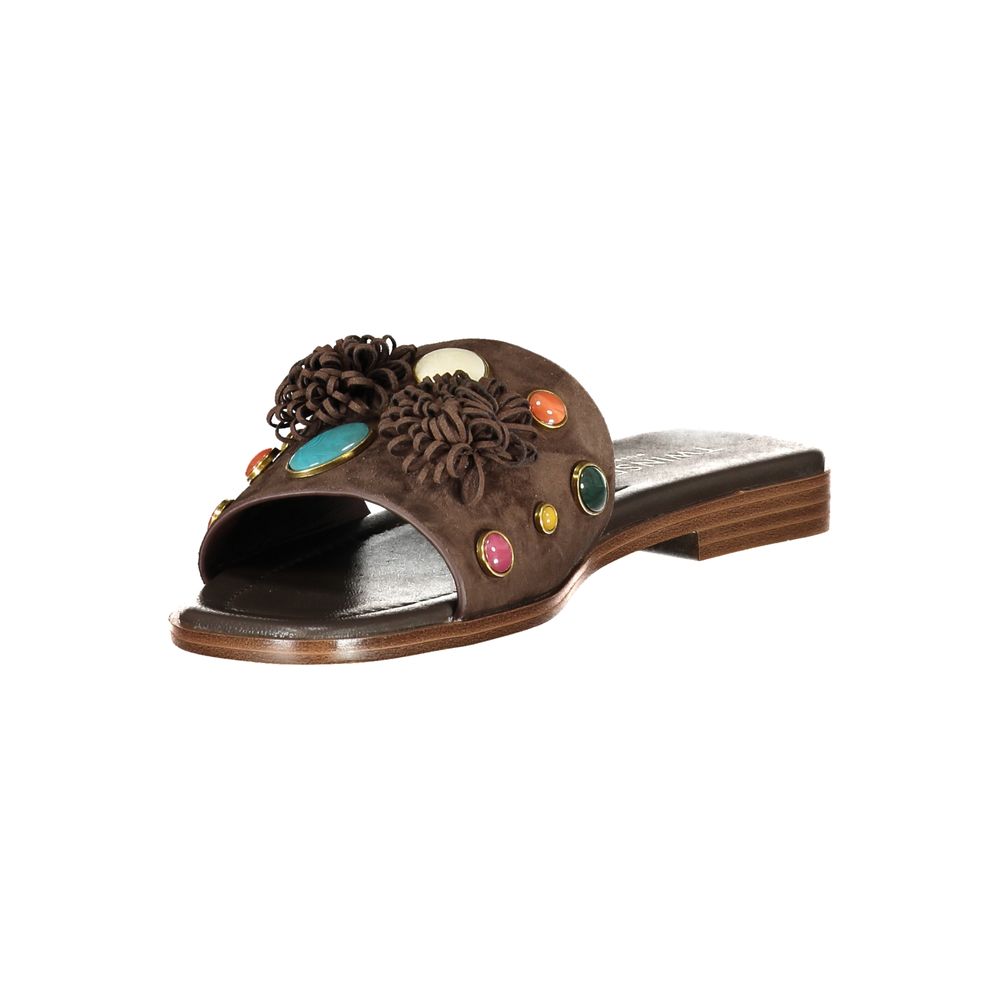 Flat Sandals by Twinset for women in polyurethane leather and black & brown presents a sculptural silhouette, showcasing the signature style of the Women's Polyurethane Leather Flat Sandals with a sculptural flat and sculptural .