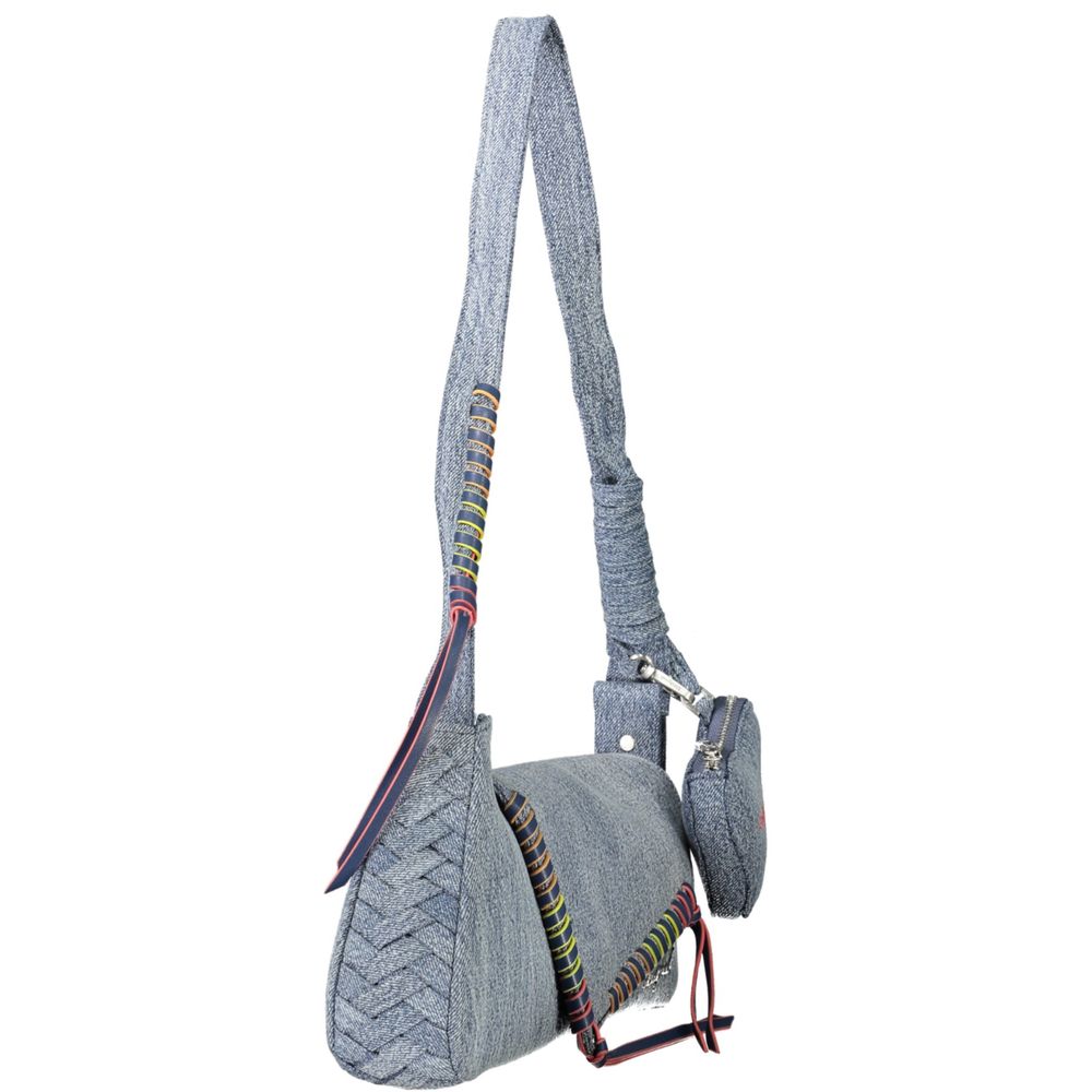 This Shoulder Handbag by Desigual for women in denim cotton and azzurro & signature presents a sculptural silhouette featuring a secure zipper & magnetic, ample cardholder & coin-purse, and versatile shoulder-strap for a sculptural finish.