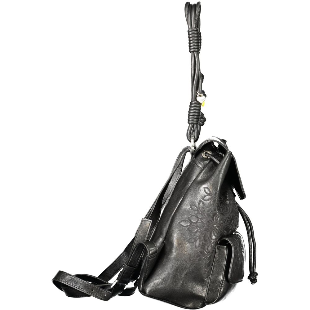 Mini Drawstring Backpack by Desigual for women in polyethylene black & signature showcases a stately Sierra Prisa Polyethylene Mini Drawstring Backpack design, featuring a secure snap & drawstring with stately external-pockets & internal-pockets and versatile handle, backpack-strap & adjustable-strap.