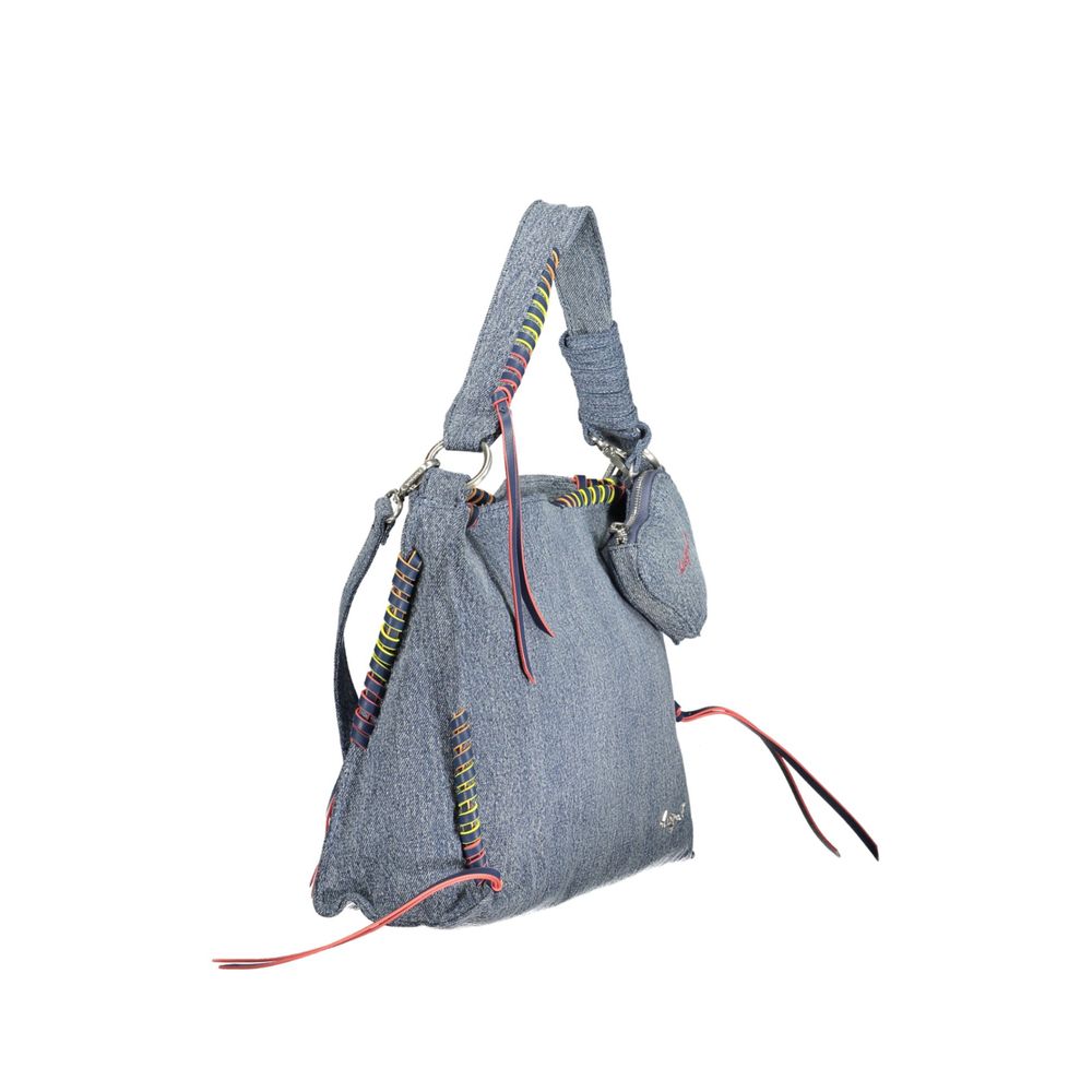 Handbag by Desigual for women in denim cotton blue & signature presents a ornamental silhouette, showcasing a secure zipper, ample external-pockets, internal-pockets & coin-purse, and versatile shoulder-strap, adjustable-strap & handle for a ornamental finish.