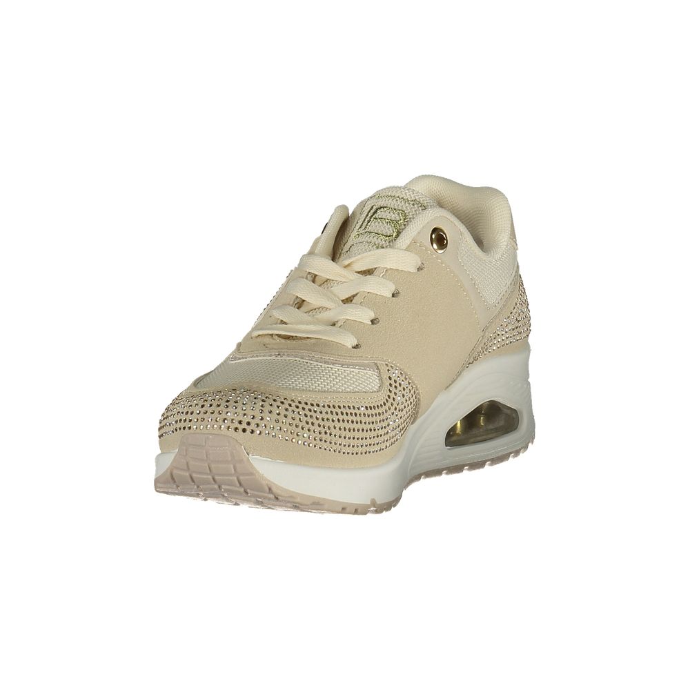 Athletic Sneakers by Laura Biagiotti for women in polyester & rhinestone beige features an architectural silhouette, showcasing the premium athletic style of the Women's Athletic Polyester & Rhinestone Sneakers with an architectural finish.
