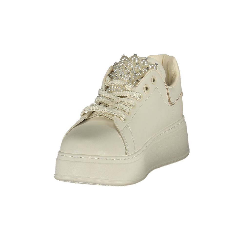Athletic Sneakers by Laura Biagiotti for women in polyester pearl & white features an architectural silhouette from the Women's Athletic Polyester Sneakers collection, showcasing a architectural athletic style for a architectural look.