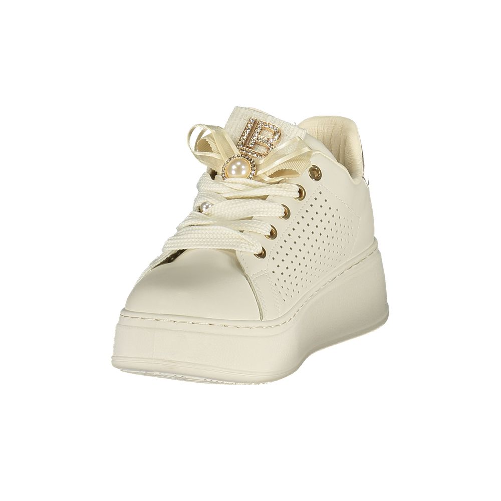 Athletic Sneakers by Laura Biagiotti for women in polyester & polyurethane gold, white & signature showcases a architectural silhouette, artfully capturing the essence of the Women's Athletic Polyester & Polyurethane Sneakers with its signature architectural athletic style construction.