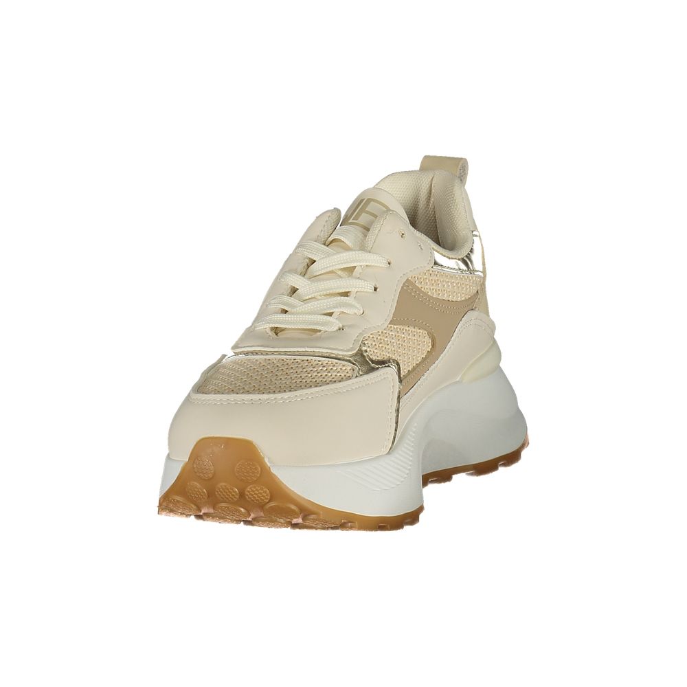 Athletic Sneakers by Laura Biagiotti for women in polyester beige, gold & ivory features an architectural silhouette from the Women's Athletic Polyester Sneakers collection, showcasing a architectural athletic style for a architectural look.