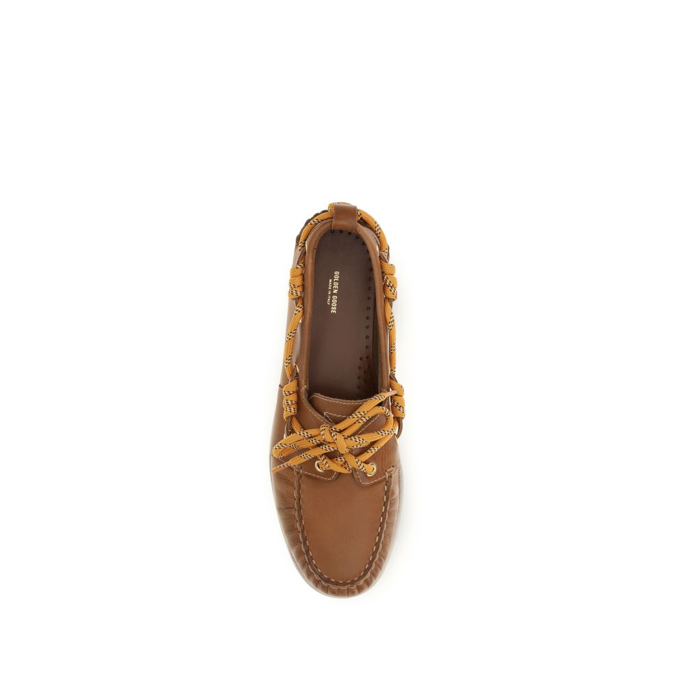 Golden Goose Women's Bos Taurus Calf Leather Flat Boat Loafer Slip-On Shoes - Brown Gold Orange