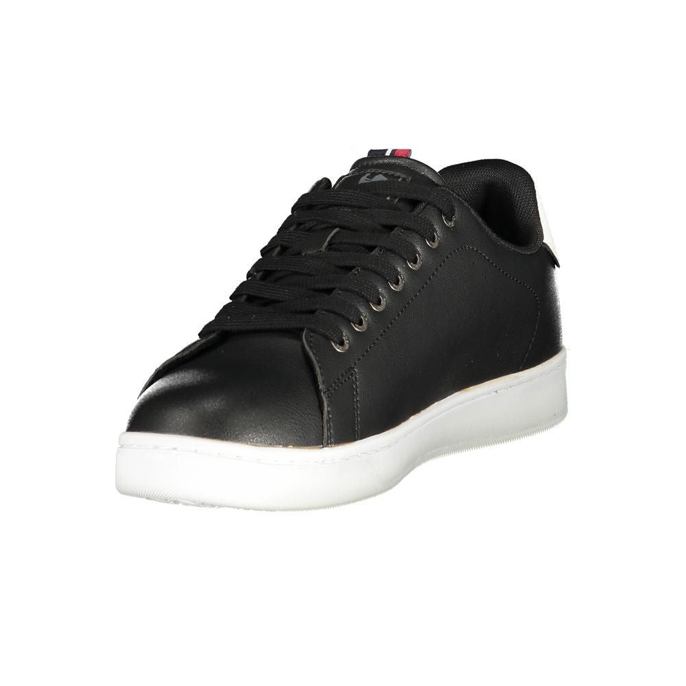 Athletic Sneakers by U.S. Grand Polo for men in polyester & polyurethane black features an architectural silhouette, showcasing the premium athletic style of the Essence Men's Athletic Polyester & Polyurethane Sneakers with an architectural finish.
