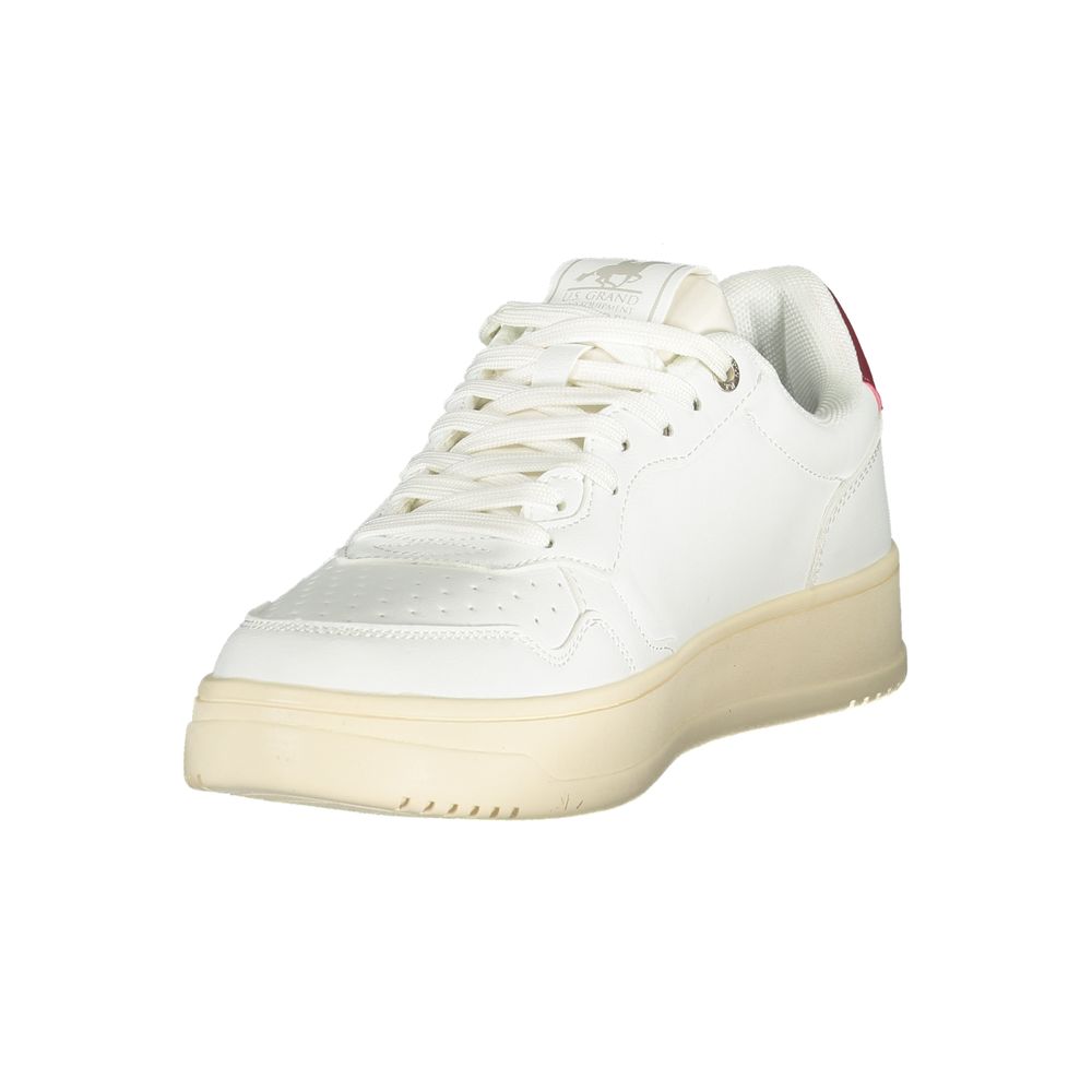 Athletic Sneakers by U.S. Grand Polo for men in polyester & polyurethane white & signature showcases a architectural silhouette, artfully capturing the essence of the Men's Athletic Polyester & Polyurethane Sneakers with its signature architectural athletic style construction.