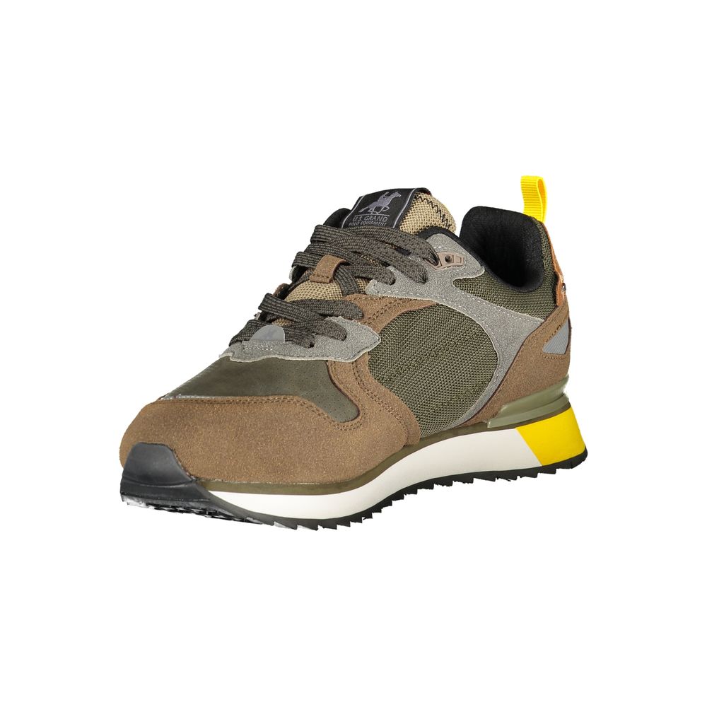 Athletic Sneakers by U.S. Grand Polo for men in polyester & polyurethane green & print features an architectural silhouette, showcasing the premium athletic style of the Men's Athletic Polyester & Polyurethane Sneakers with an architectural finish.