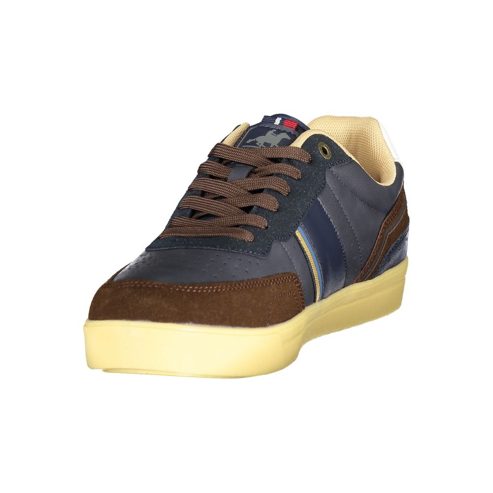 Athletic Sneakers by U.S. Grand Polo for men in polyester & polyurethane beige, blue & signature showcases a architectural silhouette, artfully capturing the essence of the Men's Athletic Polyester & Polyurethane Sneakers with its signature architectural athletic style construction.