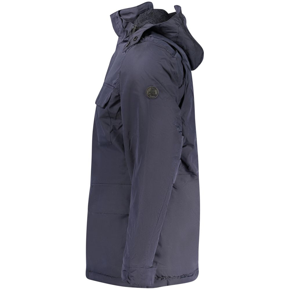 Hooded Parka by U.S. Grand Polo for men in fur sheep leather & plush polyester blue presents a decadent silhouette, showcasing the decadent hooded neckline and functional pockets & hooded for a premium, weather-ready look.