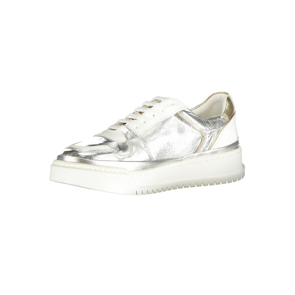 Athletic Sneakers by Cafenoir for women in polyurethane leather gray, silver & print features an architectural silhouette from the Essence Women's Athletic Polyurethane Leather Sneakers collection, showcasing a architectural athletic style for a architectural look.